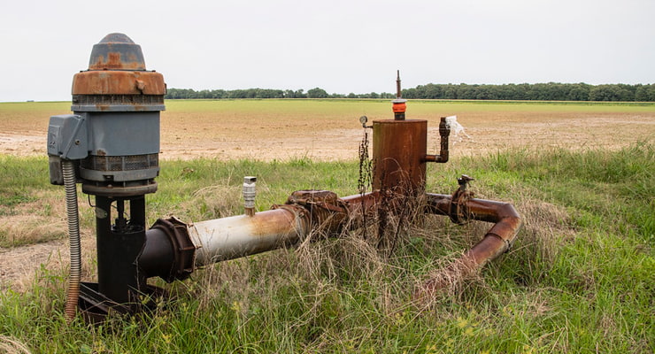"Photo of a rusty electric pump in a field"