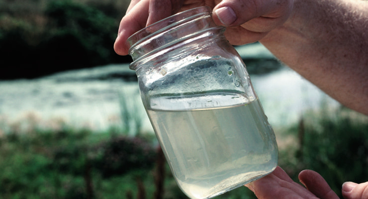 "A scientist inspects a sample of water in a jar"