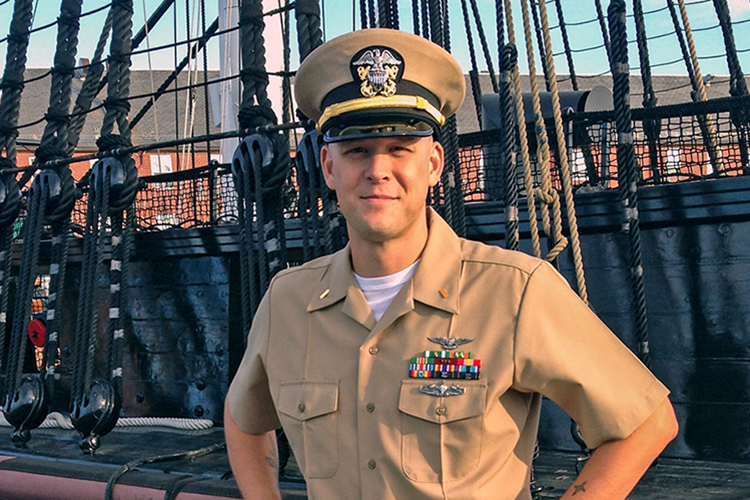 Lt. Daniel Longwell with “Old Ironsides” in Boston Harbor.