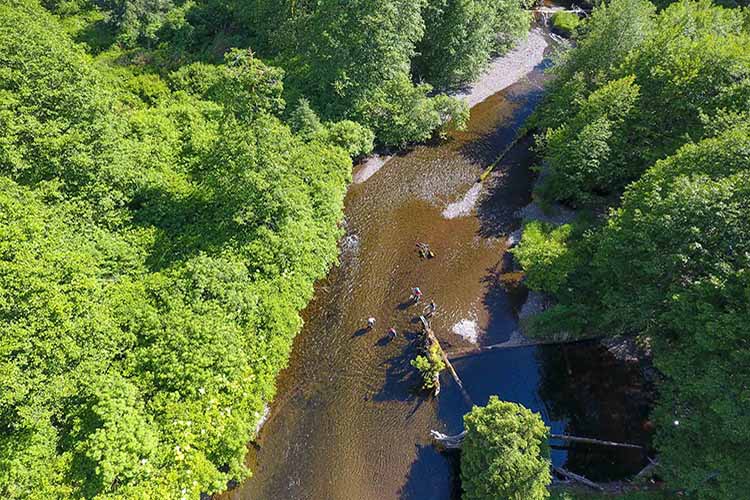 An aerial view of crew members performing a stream assessment prior to the pandemic. Photo courtesy of Sustainable Southeast Partnership.