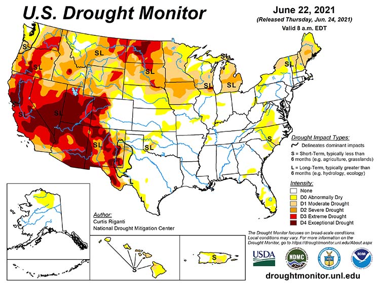 Map of U.S. Drought Monitor, showing drought conditions across the U.S.