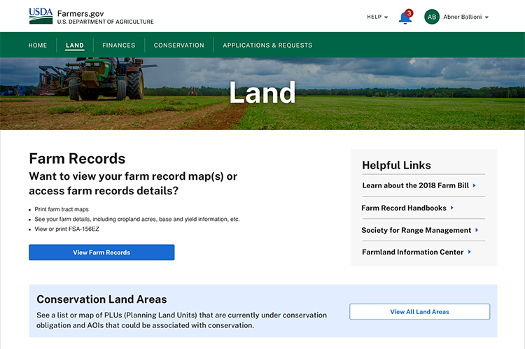 Screenshot of new farm records page on farmers.gov