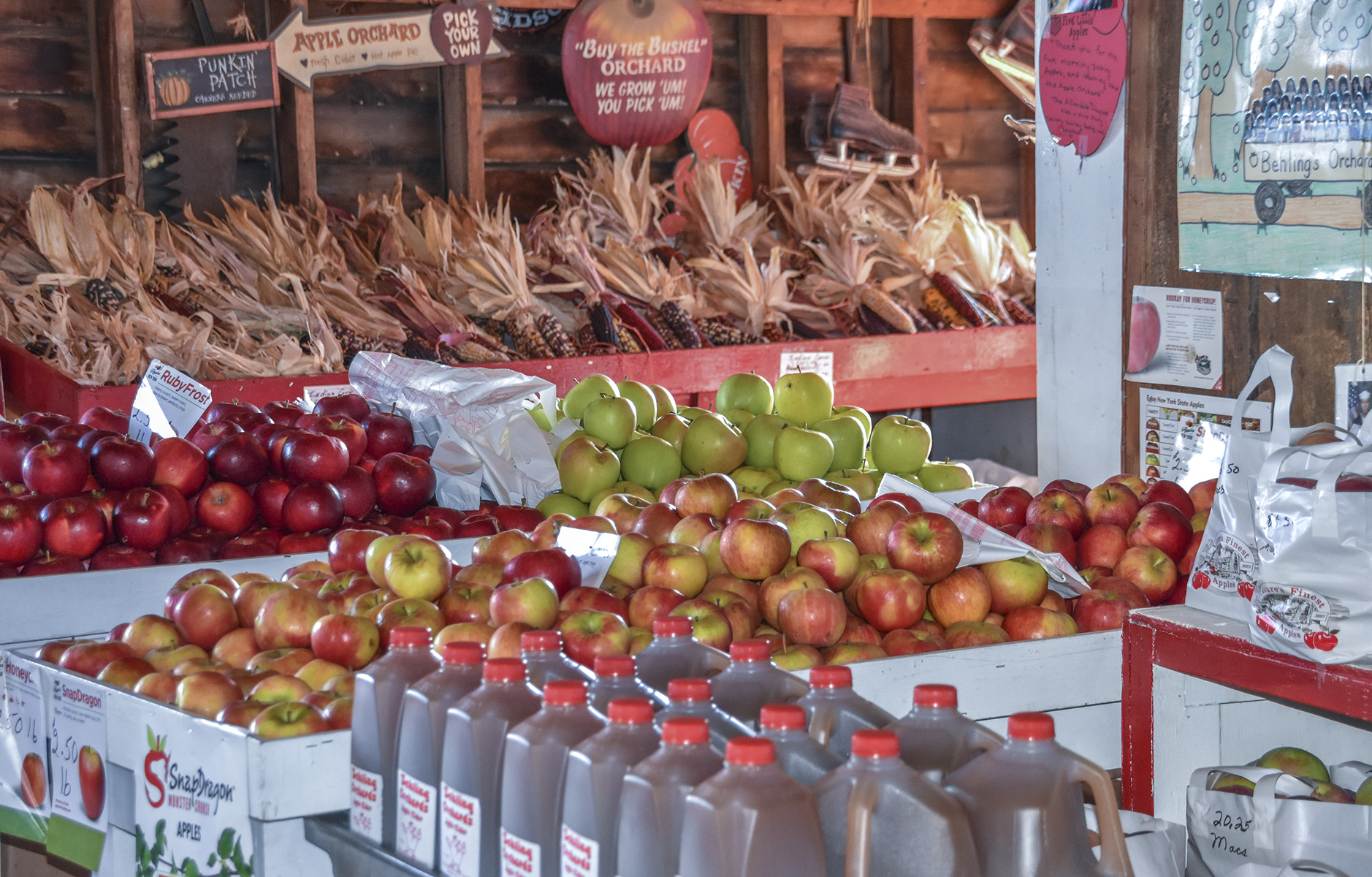 Apples and cider for sale in store