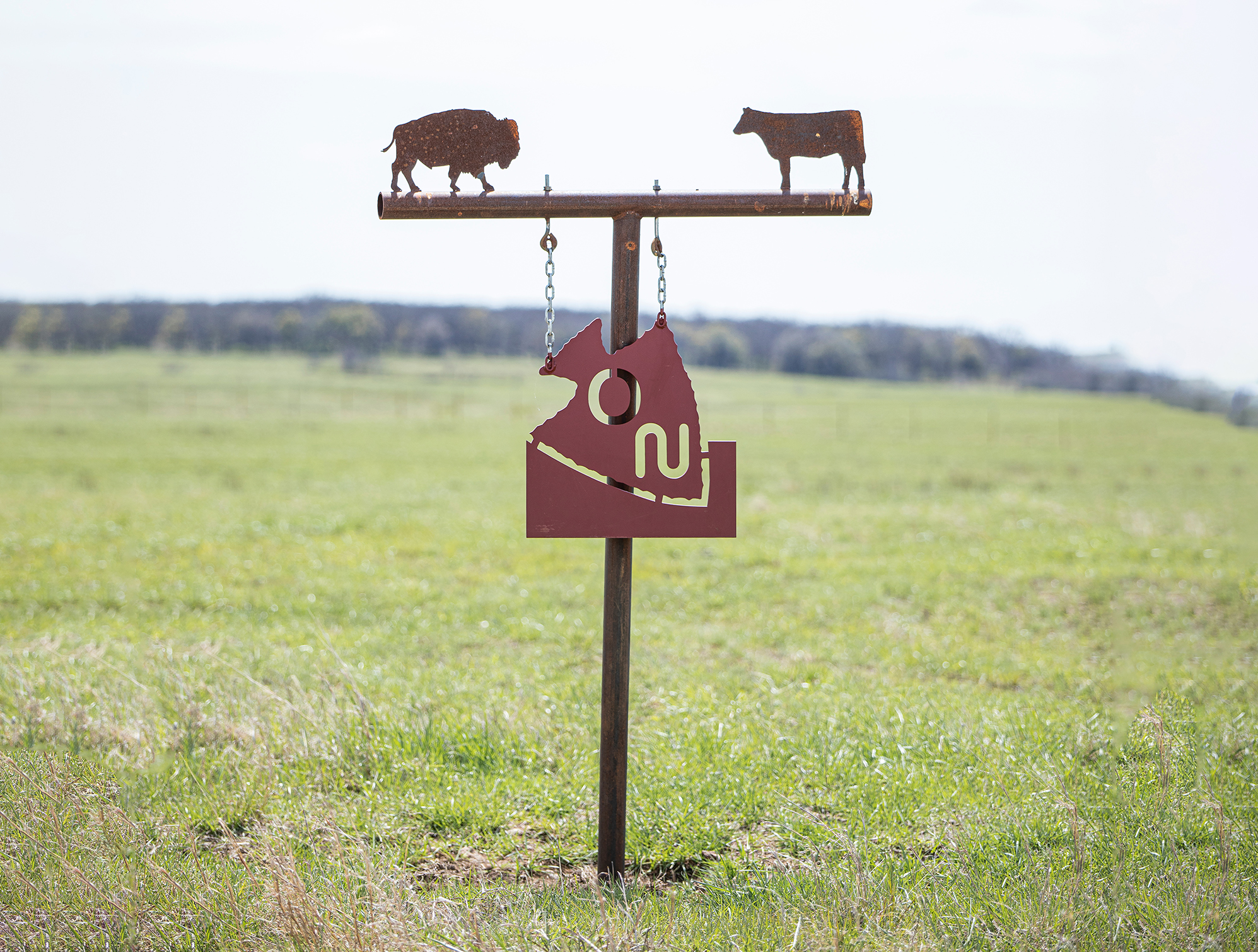 Pole inserted into rangeland ground with carved metal shapes of a buffalo and a cow