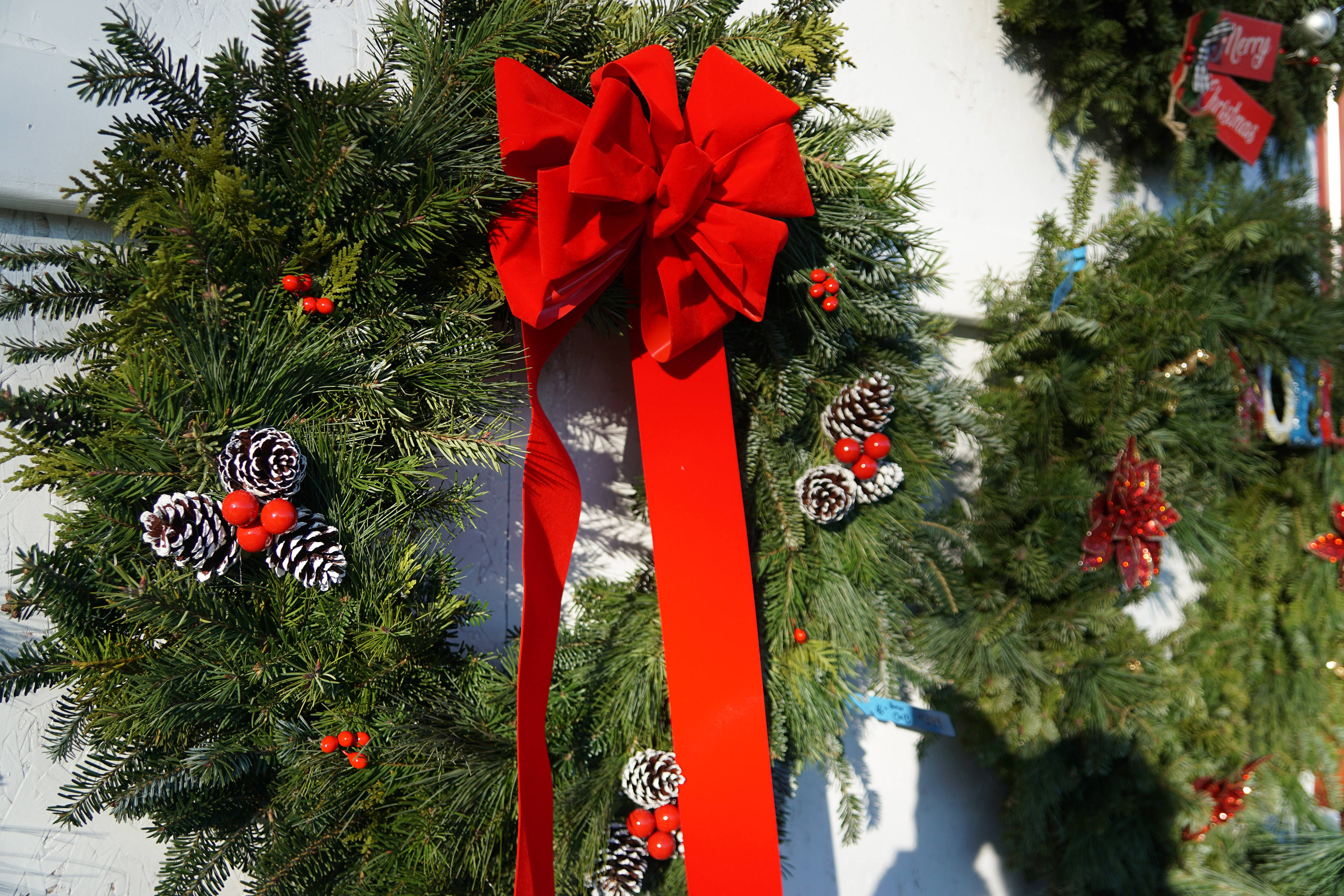 Wreath with red ribbon hanging on wall