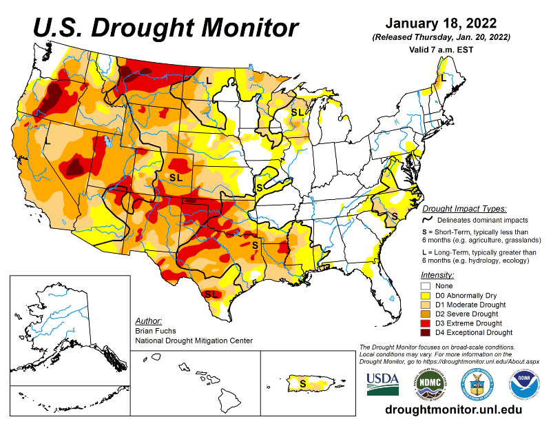 Colored map of the USA showing areas of high drought in red and orange. 