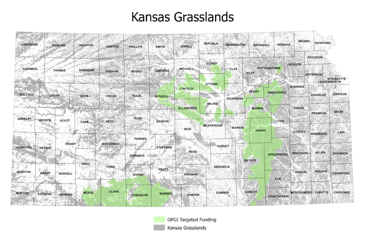 Map showing where NRCS helps grasslands in Kansas