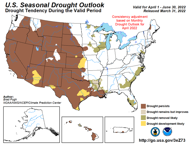 Drought monitor map showing where drought is happening.  Mainly in the western half of the US.