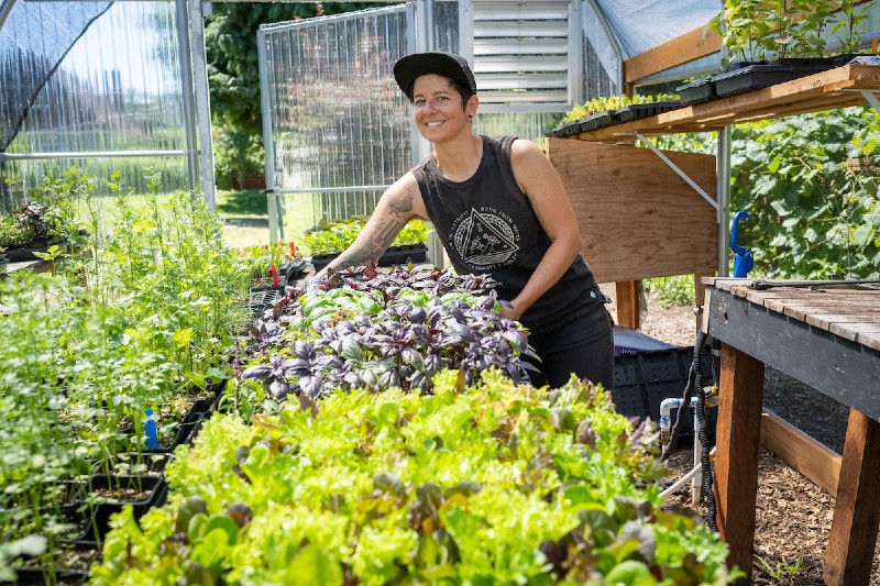 A person in a garden holding a tray of plants
