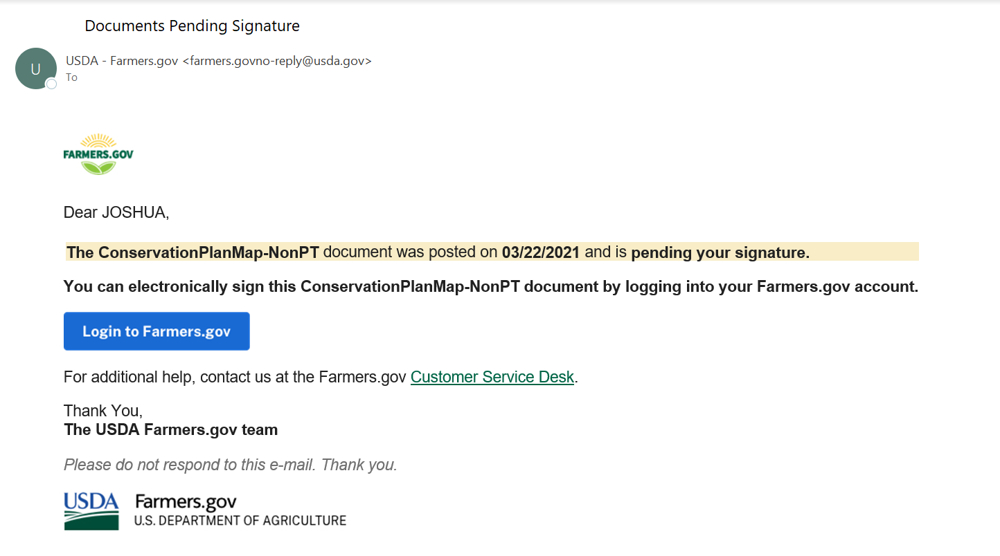 Screenshot of farmers dot gov pending signature webpage