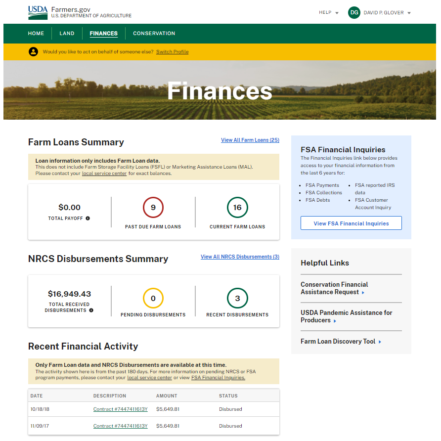 Screenshot of farmers dot gov finances page