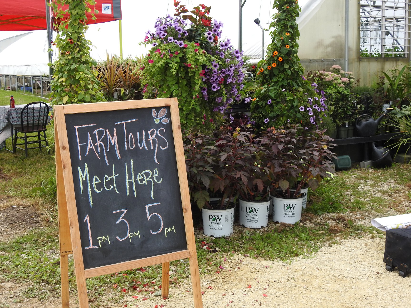 Farm tours hours written on small chalkboard