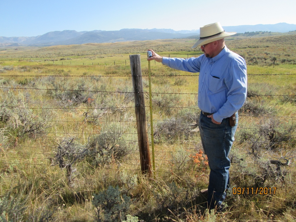 Person measuring fence post