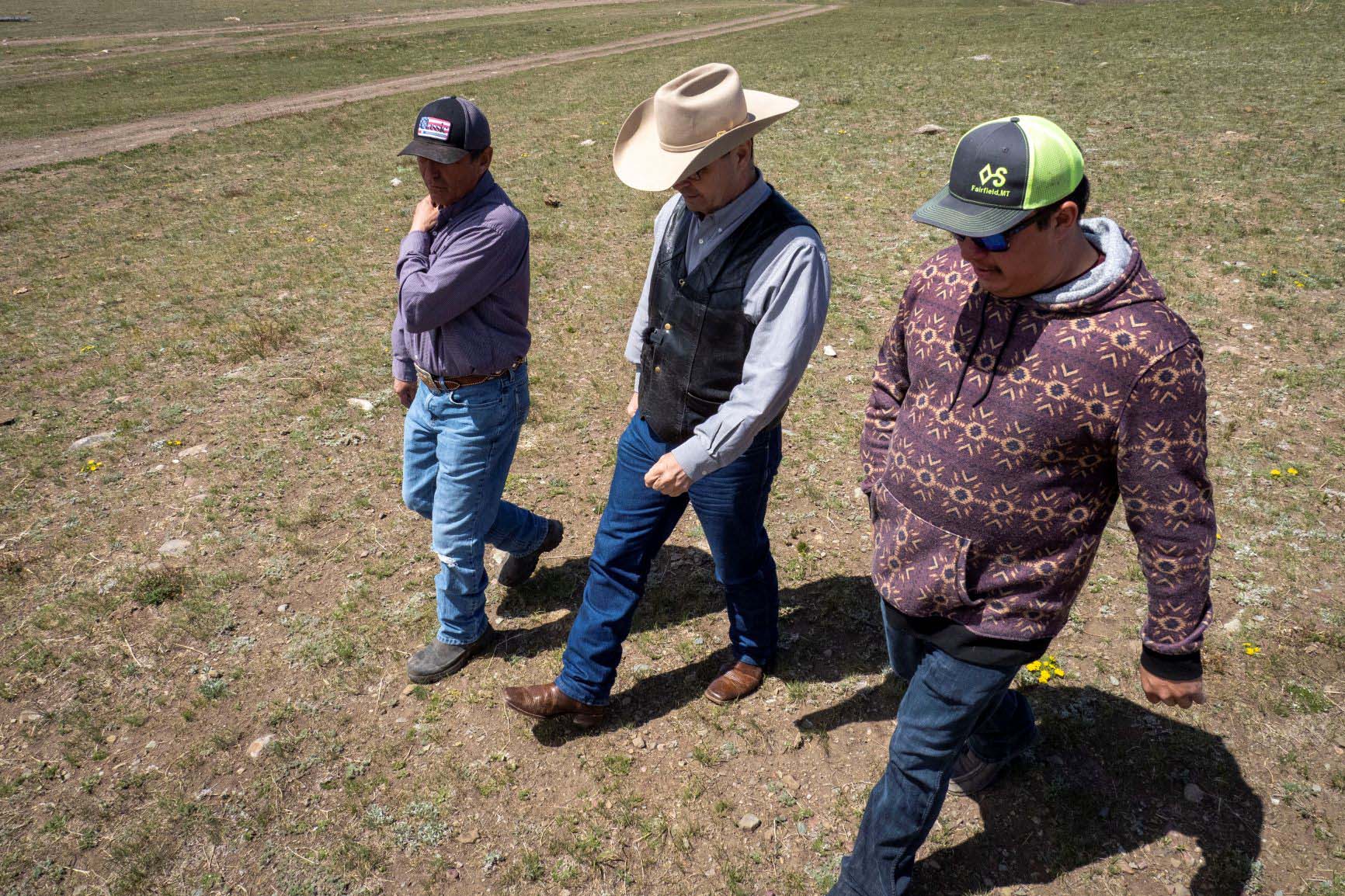 Three people walking in field