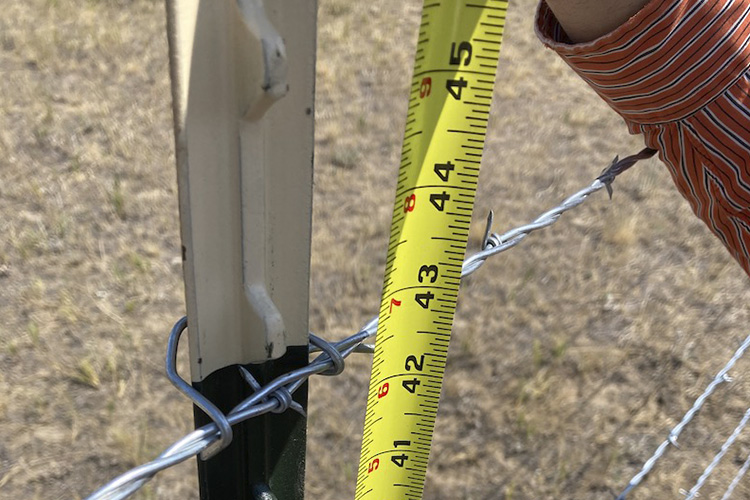 A tape measure measuring the distance between barbed wire. 