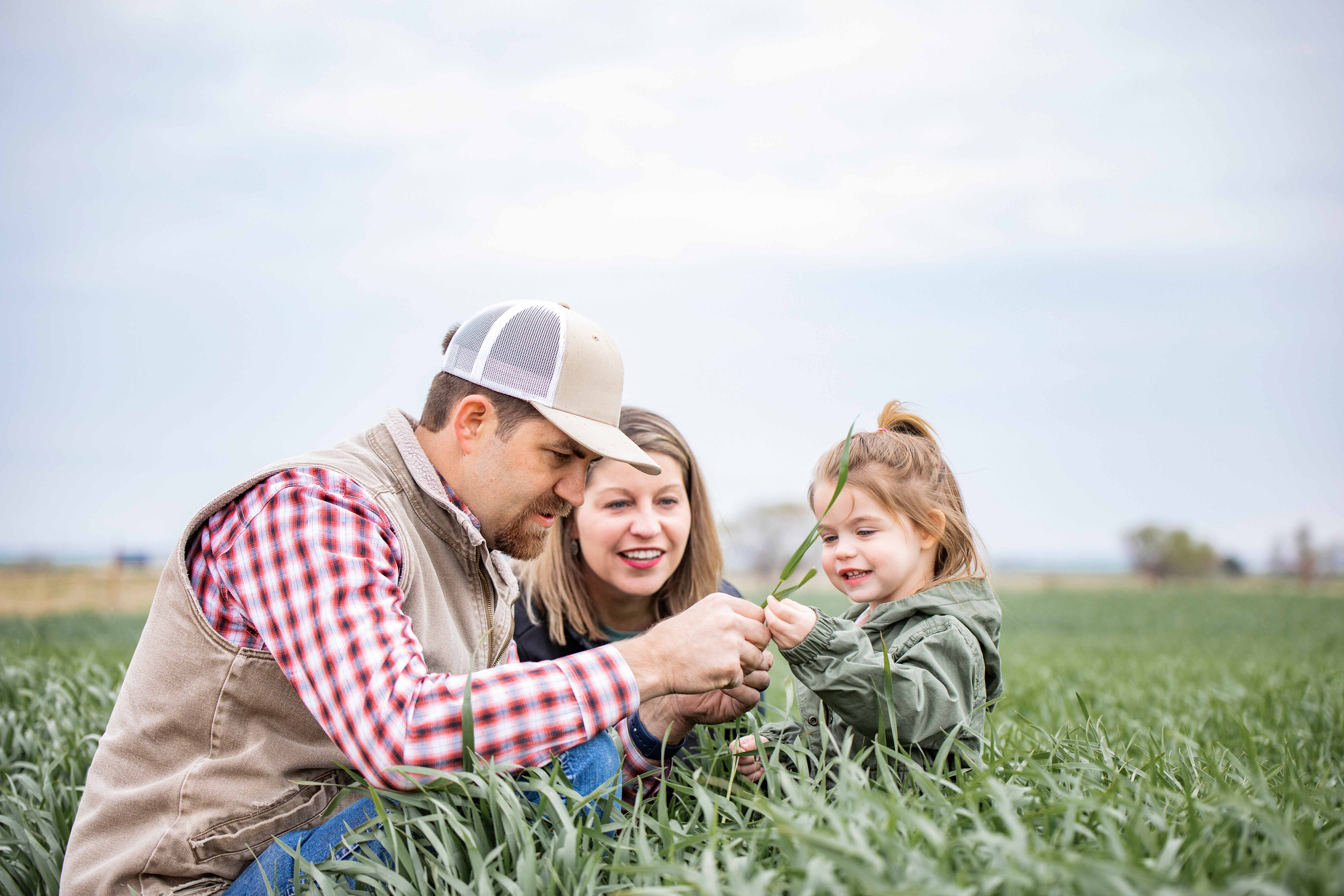 Two adults and one child kneeling in field looking at crops