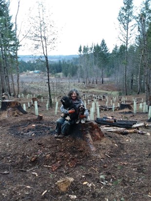 Person sitting with dog on a tree stump