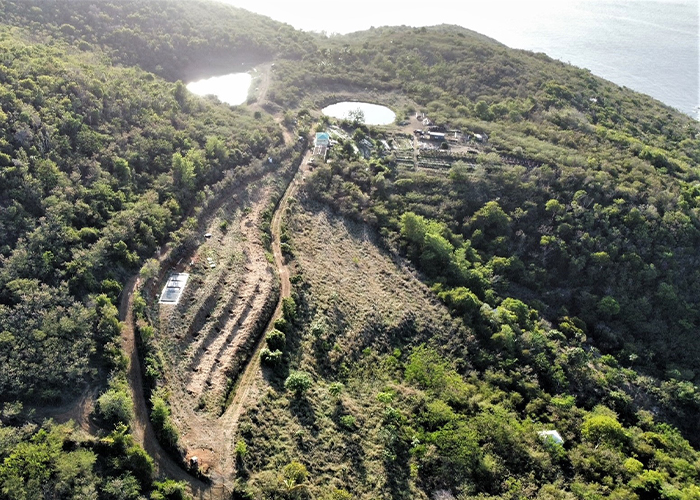 Aerial view of hilly farm land