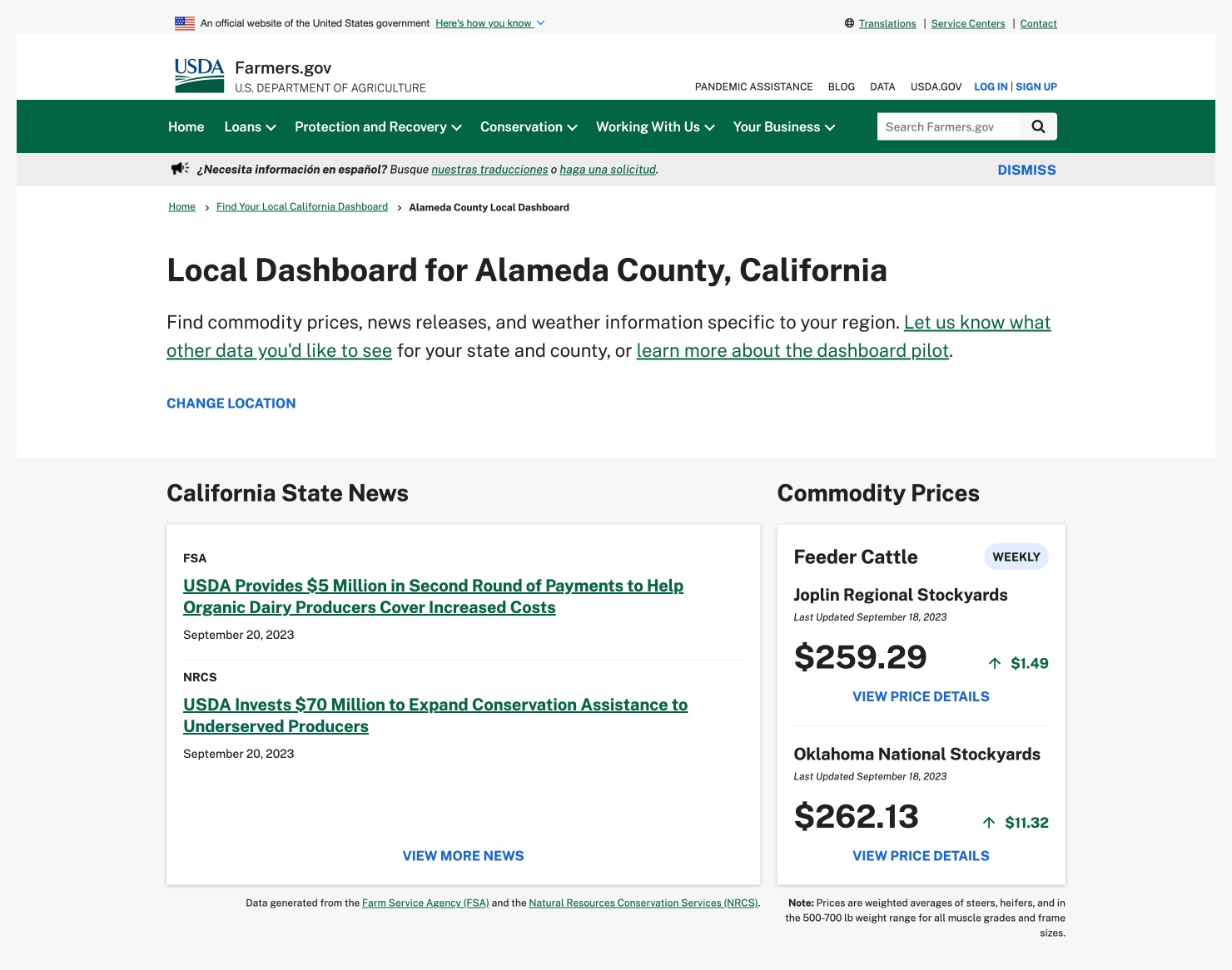 screenshot of Alameda County local dashboard