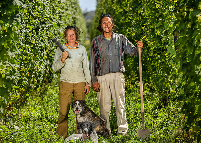 Two people standing amongst vines