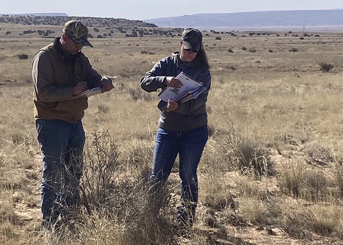 Two people surveying a prairie area