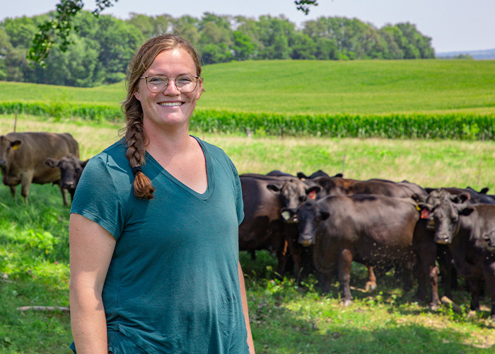 Person standing near grazing cattle