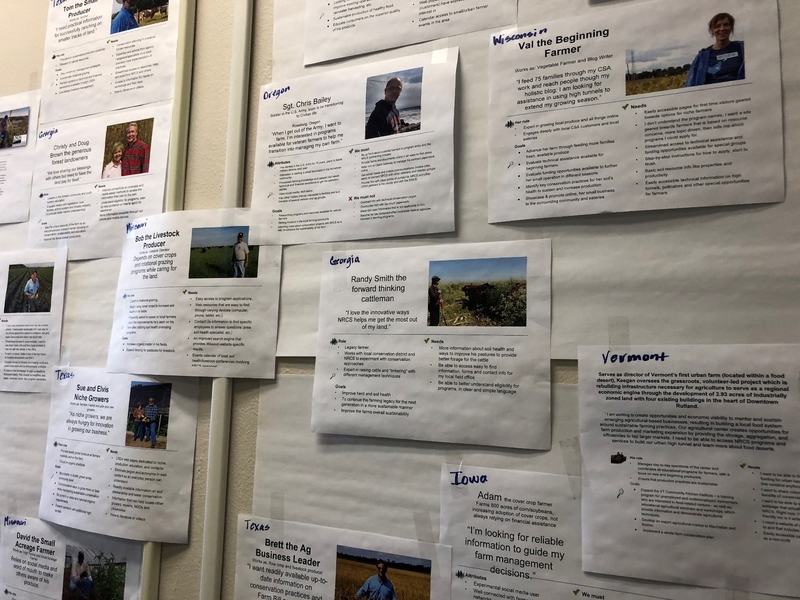A collection of farmers.gov personas hang in the farmers.gov team room at USDA headquarters. The personas were created by the following USDA employees: Chris Groskreutz and Ron Morton, Georgia; Laura Crowell, Iowa; Emily Murray, Missouri; Tracy Robillard, Oregon; Beverly Moseley and Dee Ann Littlefield, Texas; Tivoli Gough, Wisconsin; Amy Overstreet, Vermont.