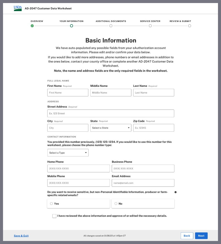 Screenshot of the Basic Information page of the online customer data worksheet with fields for name and contact information