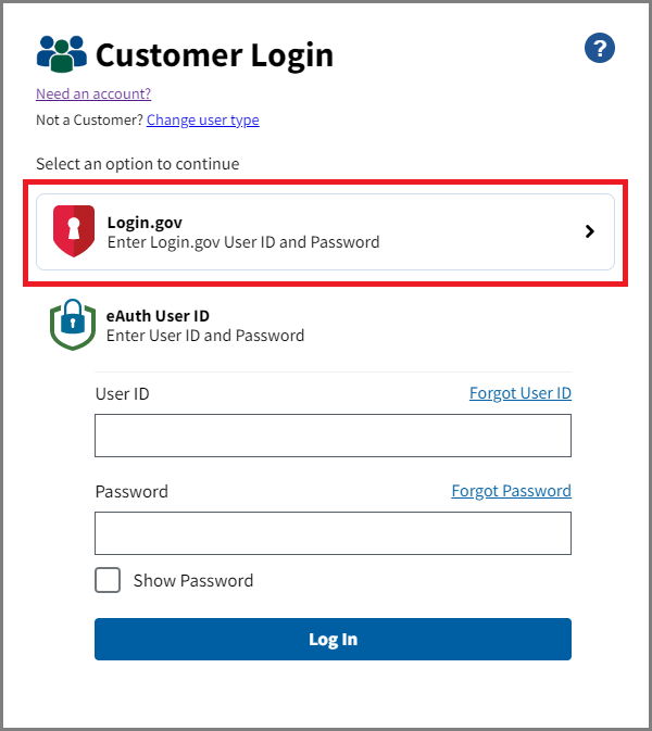 Customer login page with two options - Login.gov and eAuth User ID. The Login.gov option is highlighted.