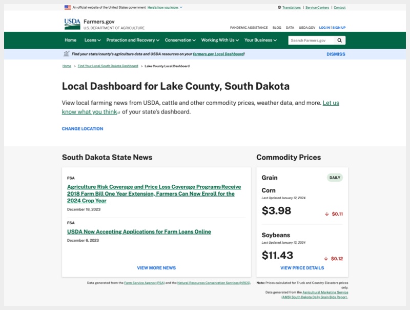 screenshot of Lake County South Dakota local dashboard