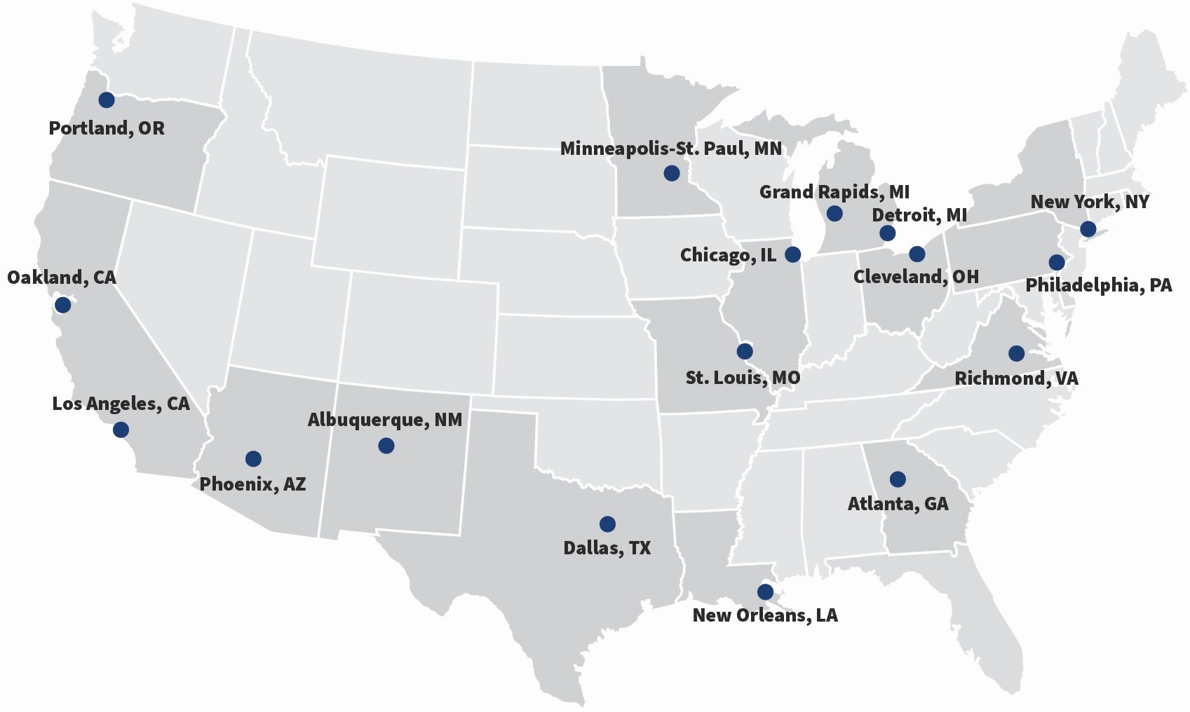 Map showing U.S. Urban Service Center locations