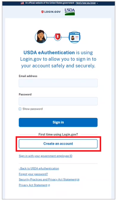 The login.gov sign in page. There are fields to enter your email address and password. Below that, the option to create an account is highlighted.