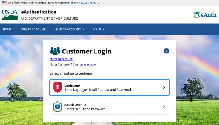 USDA customer login page with the Login.gov option highlighted