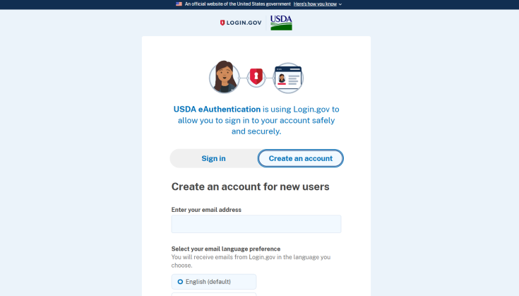 USDA's login.gov landing page with the Create an account option selected and a field to enter your email address