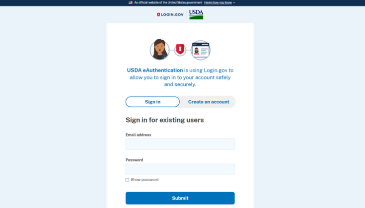 USDA's login.gov landing page with fields for user email and password