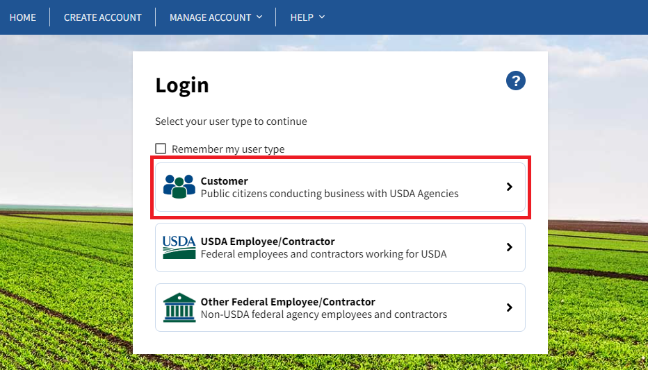 Login screen showing three options - customer, USDA Employee, and Other Federal Employee. The customer section is highlighted.