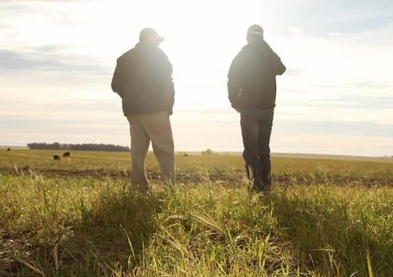 Two farmers walk in a field.