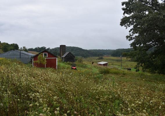 a house in a field. 