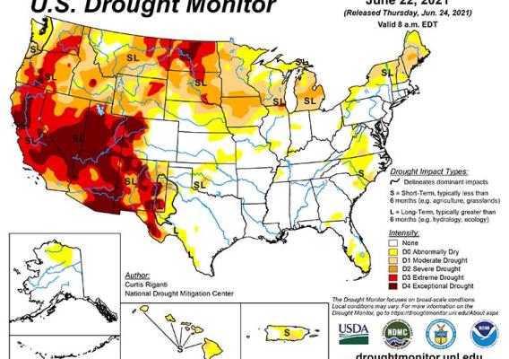 Map of U.S. with the U.S. Drought Monitor, showing land in various stages of drought 