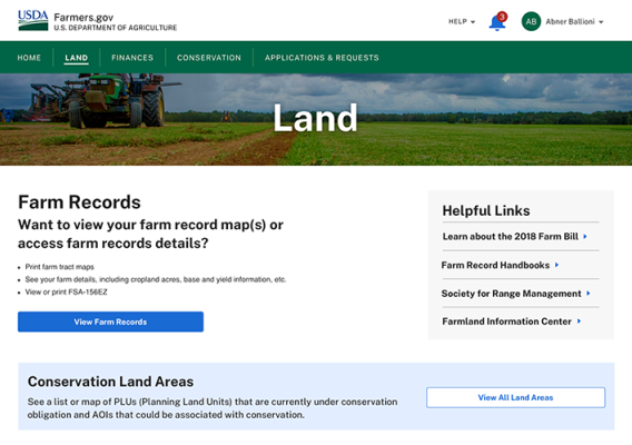 Screenshot of new farm records page on farmers.gov