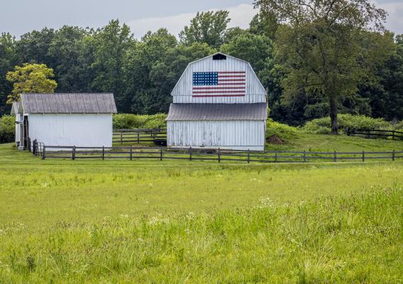 Two barns sitting in field