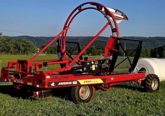 Red hay wrapper machine