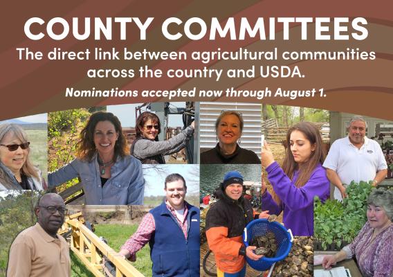 Collage of FSA county committee members with a call to join the local FSA county committee