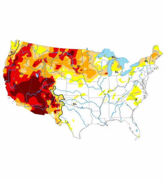 Map of the united states that highlights drought areas.