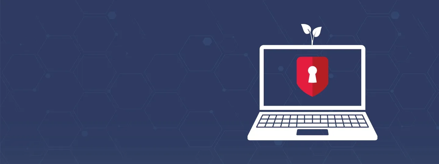 A minimalist drawing of a laptop in white with a small sprig of leaves growing out of the top; on the laptop's screen is the red and white keyhole imagery for login.gov