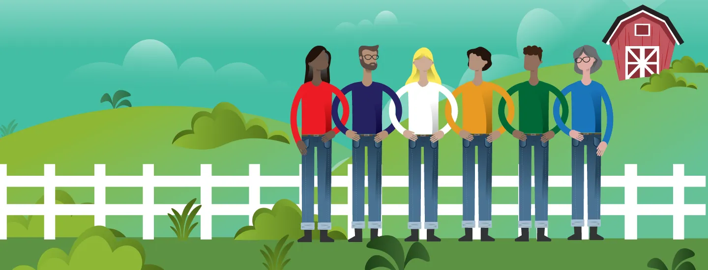 Drawing of six people in brightly covered shirts and blue jeans standing in a row and linking arms. Behind them is a white fence, a green pasture, and a red barn.