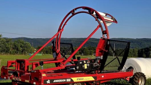Red hay wrapper machine